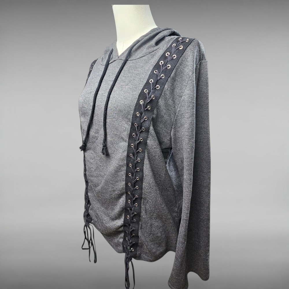 Hippie Chic USA Gray Lace Up Grommet Hoodie Wide Bell Sleeve Boho Pullover Top